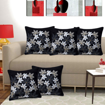 Set of 5 Silk Flower Cushion Covers | Black | 16 x 16 INCH or 40 x 40 CM