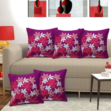 Set of 5 Silk Flower Cushion Covers | Purple | 16 x 16 INCH or 40 x 40 CM