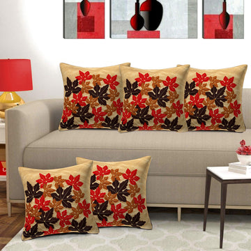Set of 5 Silk Flower Cushion Covers | Golden | 16 x 16 INCH or 40 x 40 CM
