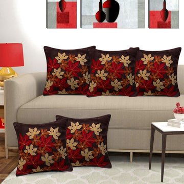 Set of 5 Silk Flower Cushion Covers | Brown | 16 x 16 INCH or 40 x 40 CM
