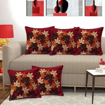 Set of 5 Silk Flower Cushion Covers | Maroon | 16 x 16 INCH or 40 x 40 CM