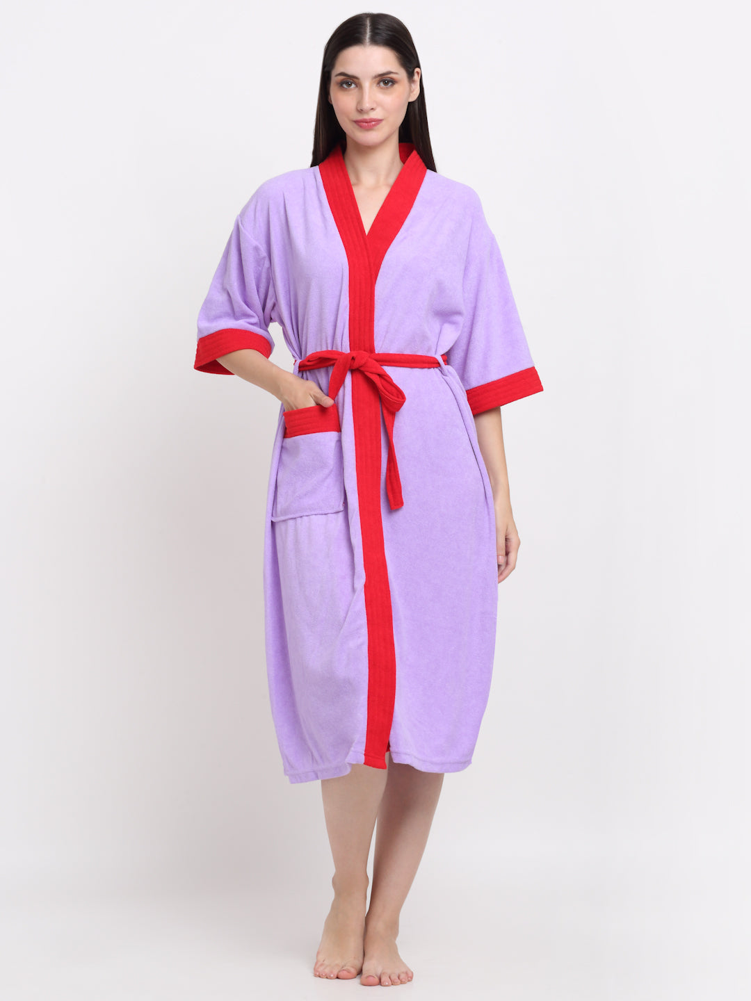 Lilac & Red Bathrobe – Soft Lounge Robe in Eye-Catching Colors
