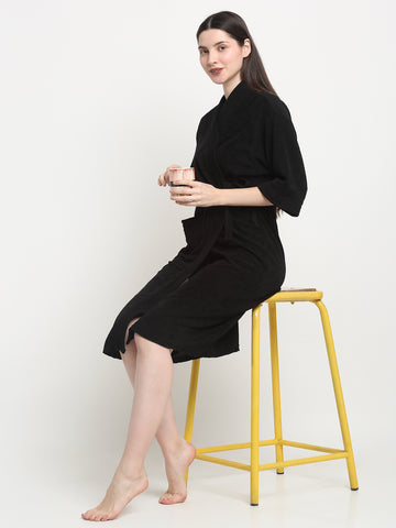 Midnight Black Terry Bathrobe – Modern Kimono-Style Everyday Robe