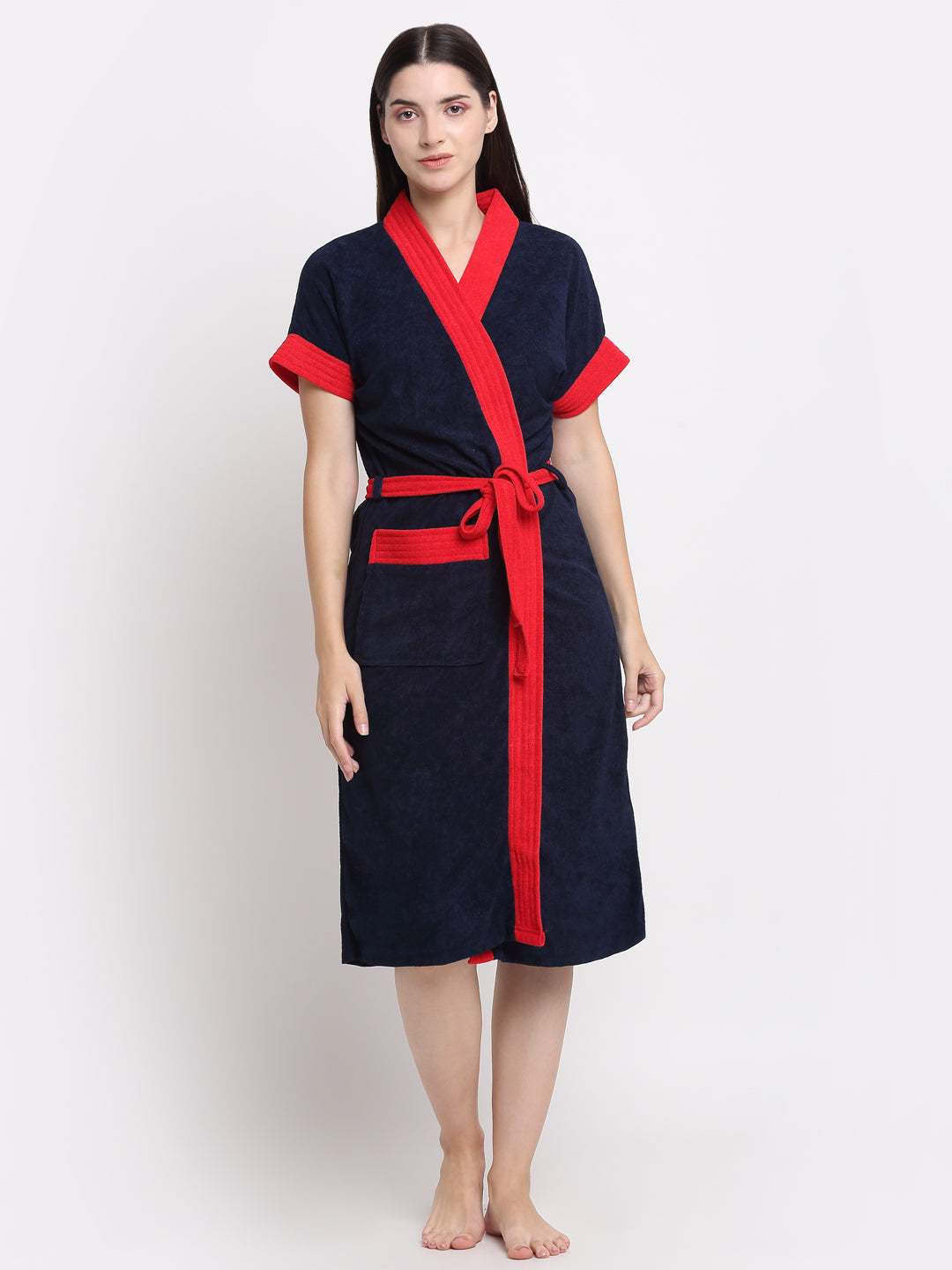 Micro Terry Bathrobe - Navy & Red | Quick Dry, Kimono Style