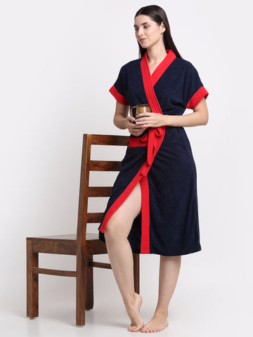 Micro Terry Bathrobe - Navy & Red | Quick Dry, Kimono Style