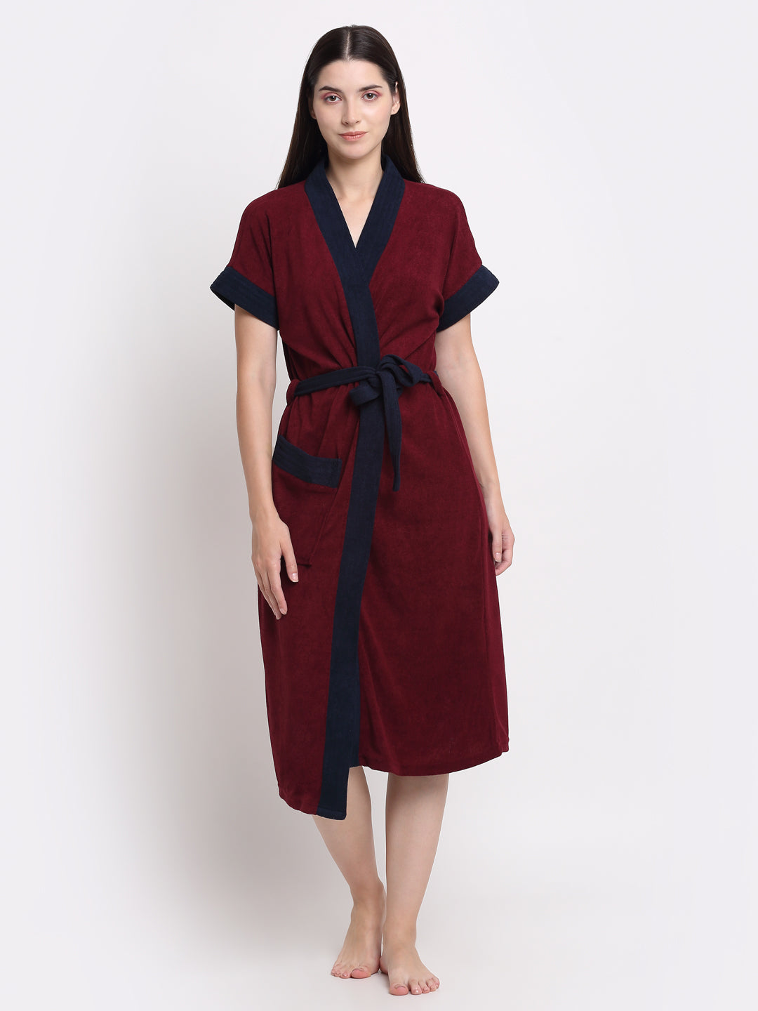 Micro Terry Bathrobe - Wine & Navy | Soft Feel, Half Sleeve