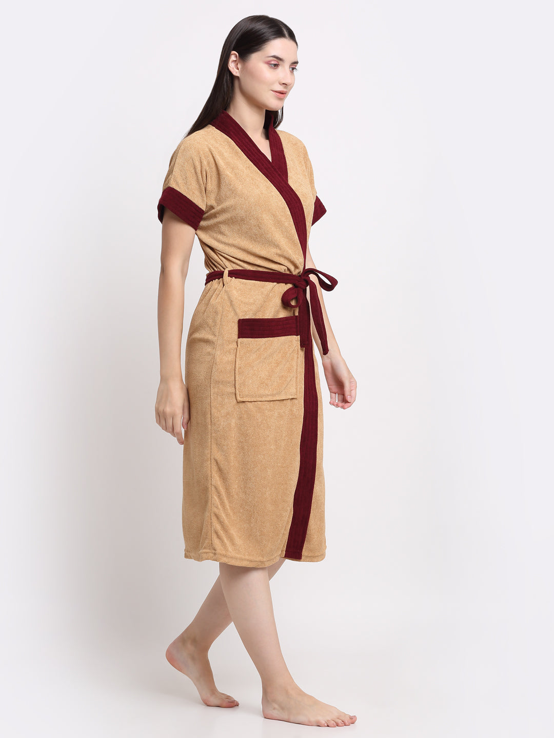 Micro Terry Bathrobe - Camel & Wine | Lightweight, 1 Pocket