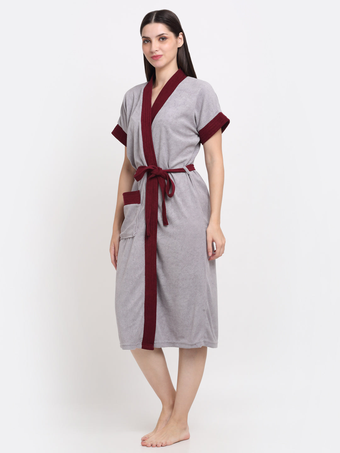 Micro Terry Bathrobe - Grey & Wine | Kimono Neck, Absorbent
