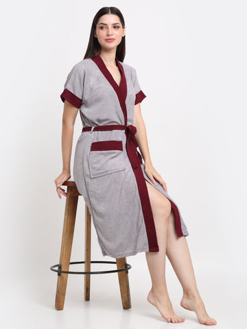 Micro Terry Bathrobe - Grey & Wine | Kimono Neck, Absorbent