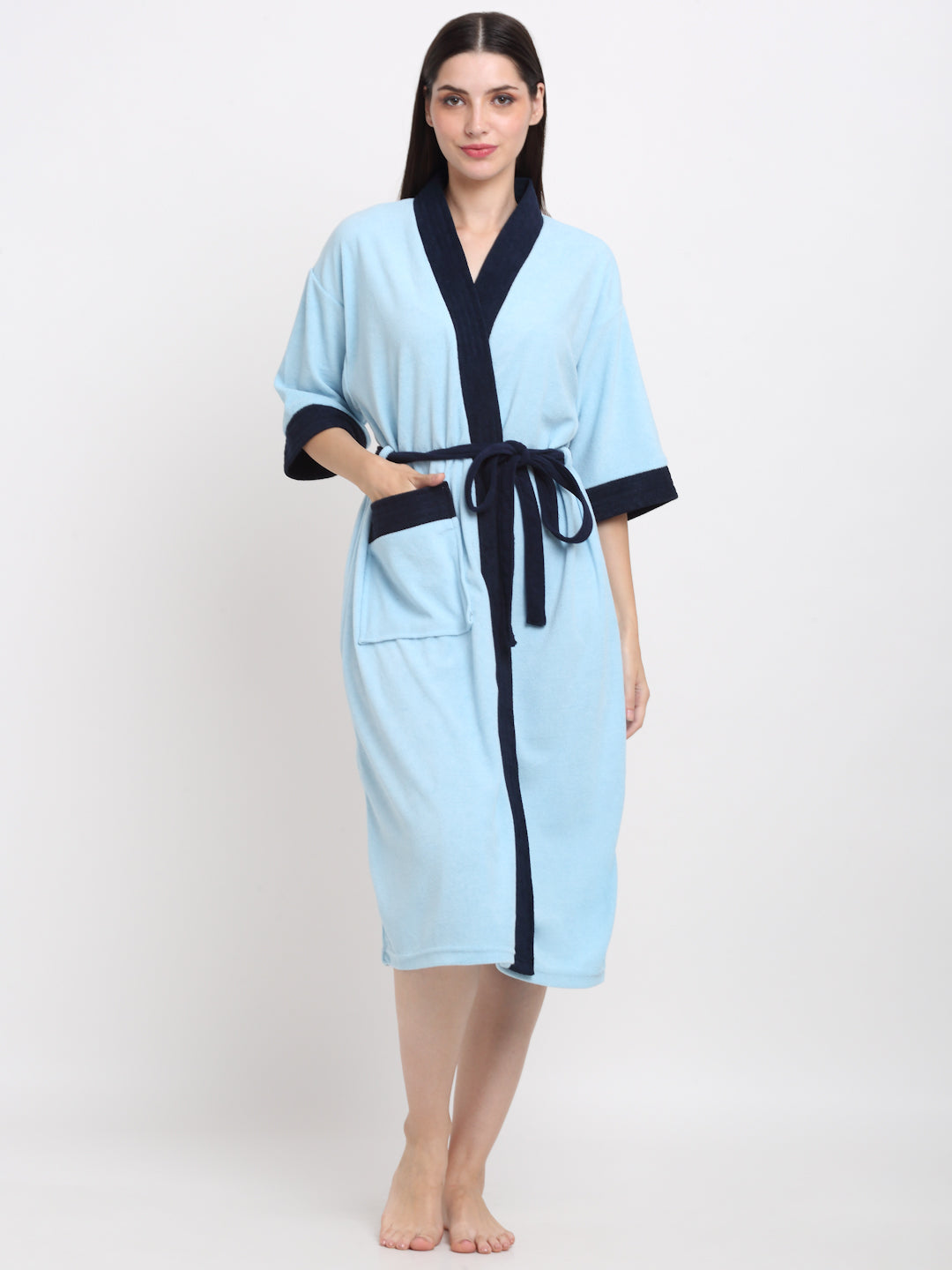Sky Blue & Navy Colorblock Robe – Lightweight & Soft Touch