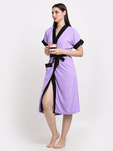 Micro Terry Bathrobe - Lilac & Black | Soft Touch, Kimono Style