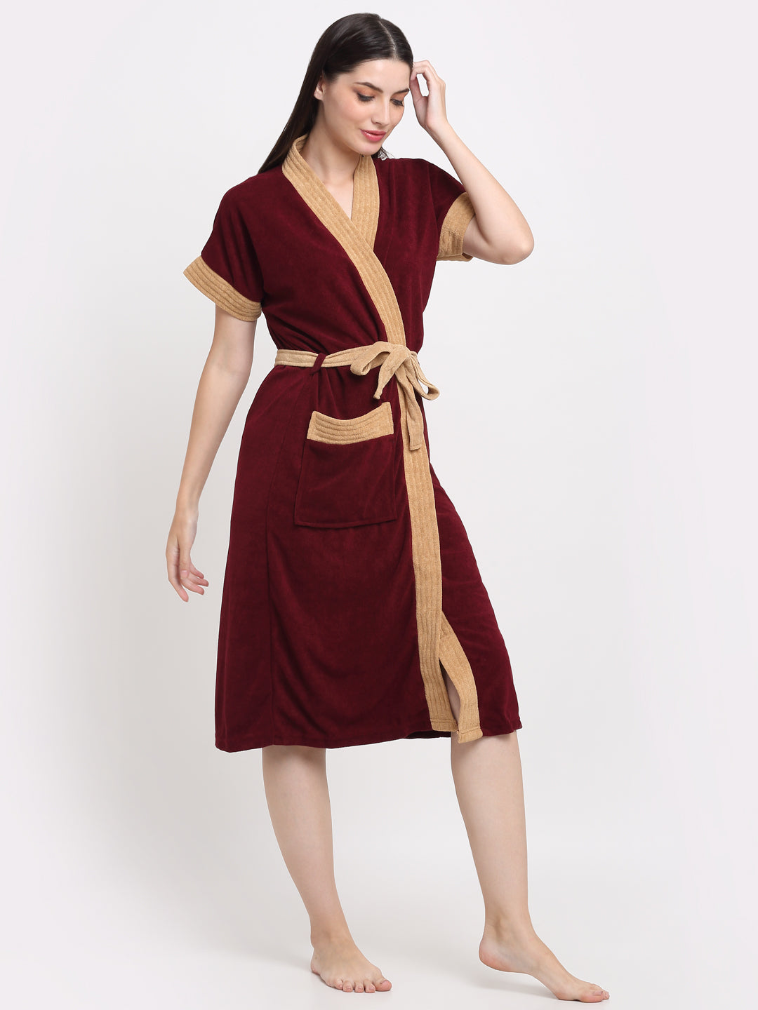 Micro Terry Bathrobe - Wine & Camel | Classic Look, Lightweight