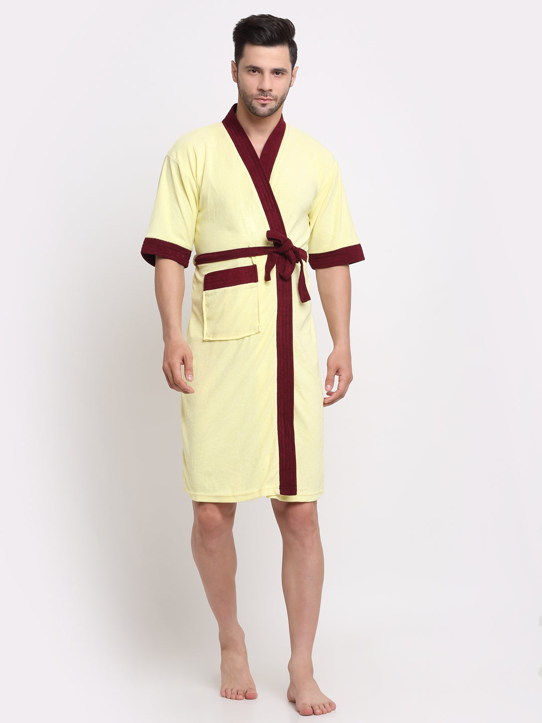 Yellow & Wine Colorblock Bathrobe – Unisex Kimono Robe with Soft Feel