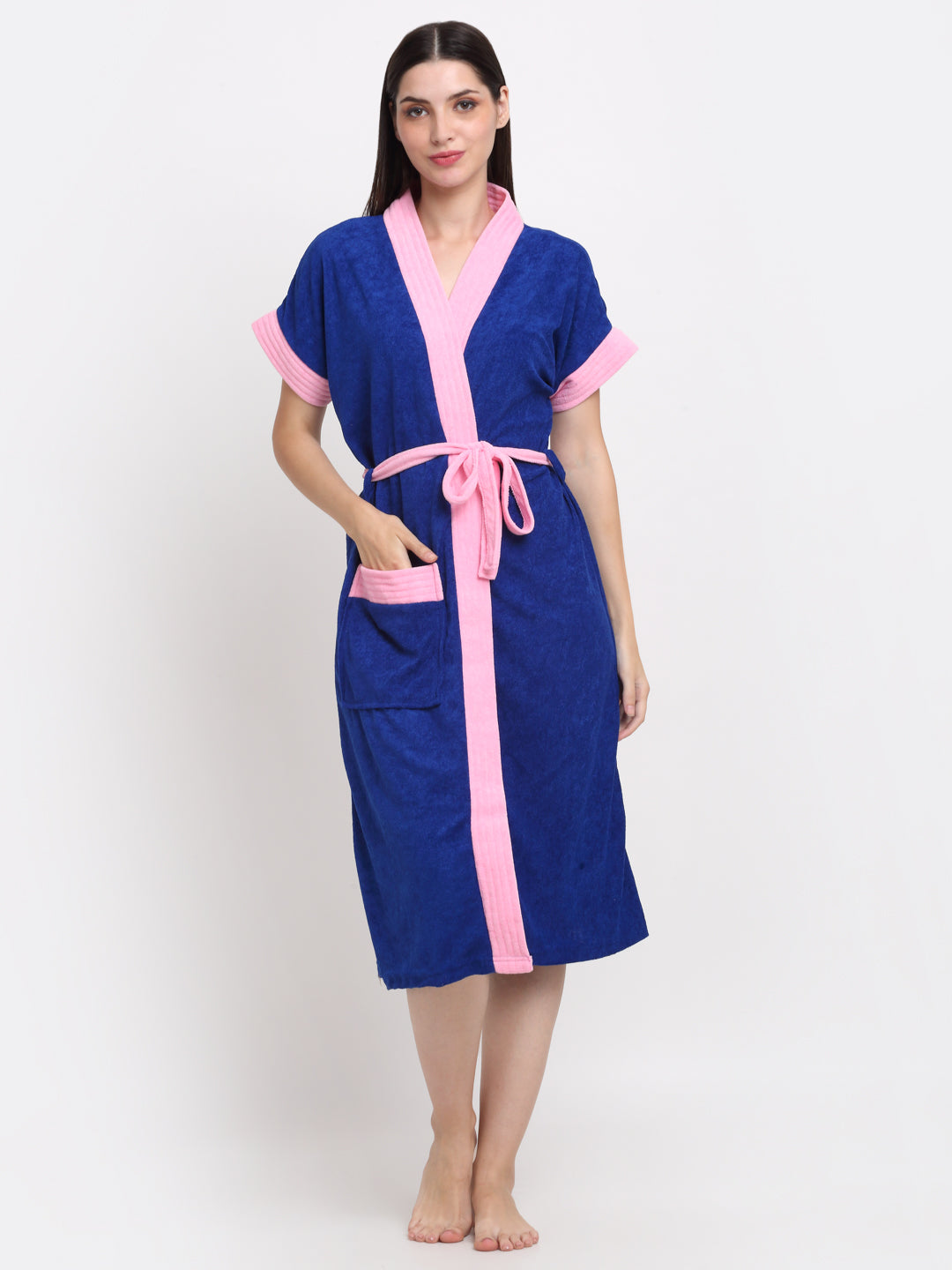Micro Terry Bathrobe - Turkish Blue & Pink | Half Sleeve, Soft Feel