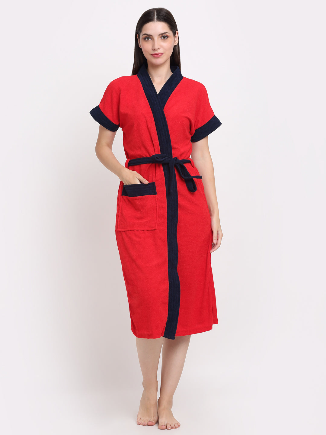 Micro Terry Bathrobe - Red & Navy | Dual-Tone, Soft Terry Comfort
