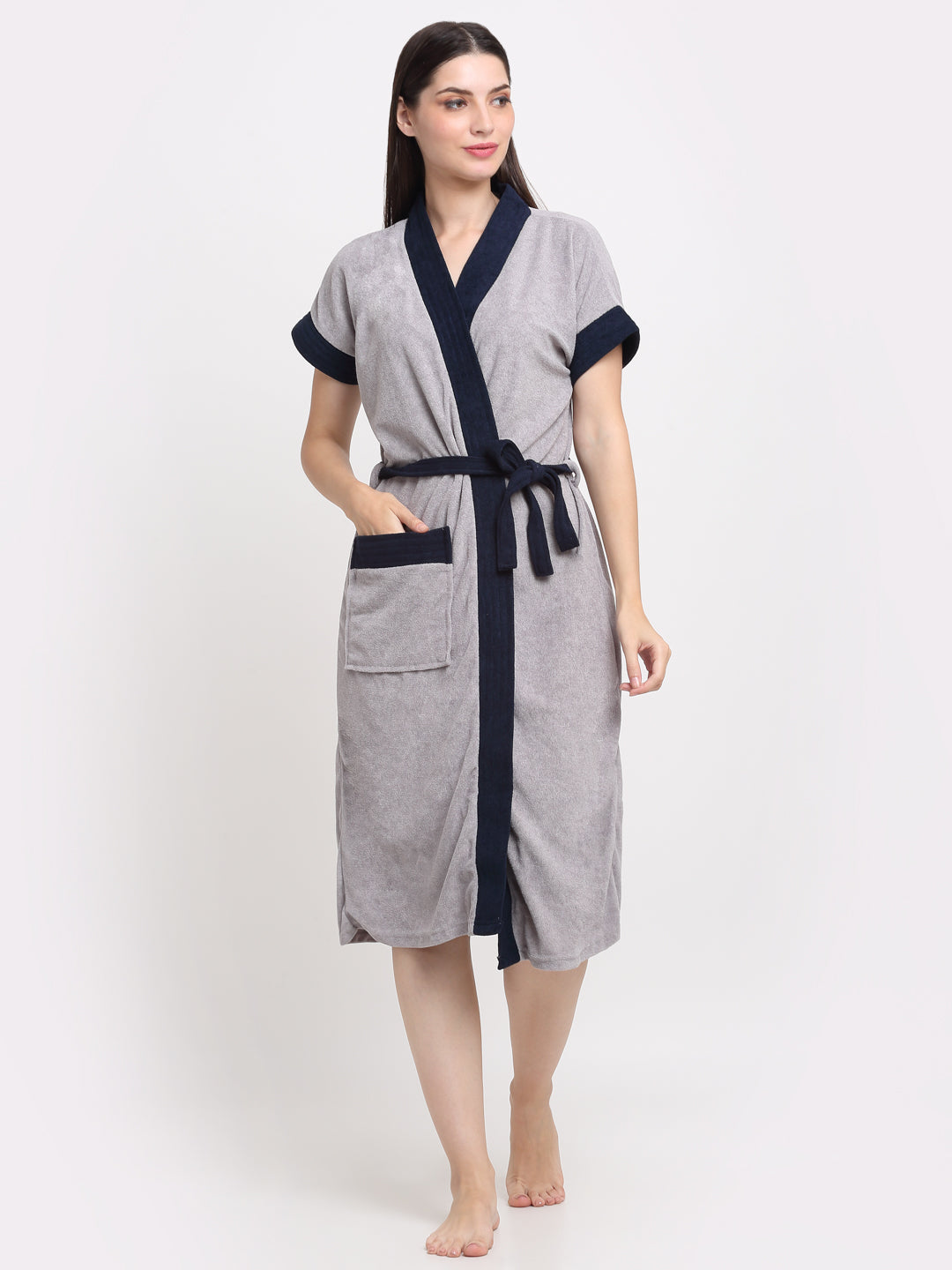 Micro Terry Bathrobe - Grey & Navy | Stylish Comfort, Daily Use