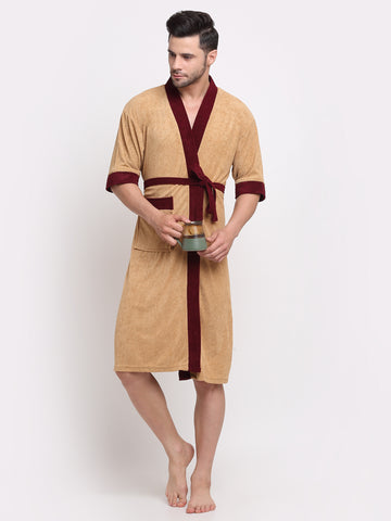 Camel & Wine Contrast Bathrobe – Kimono Collar, 3/4 Sleeves, 1 Pocket