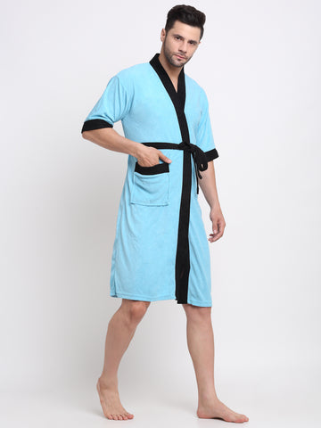 Sky Blue & Black Contrast Bathrobe – Ultra-Light & Quick-Dry Terry