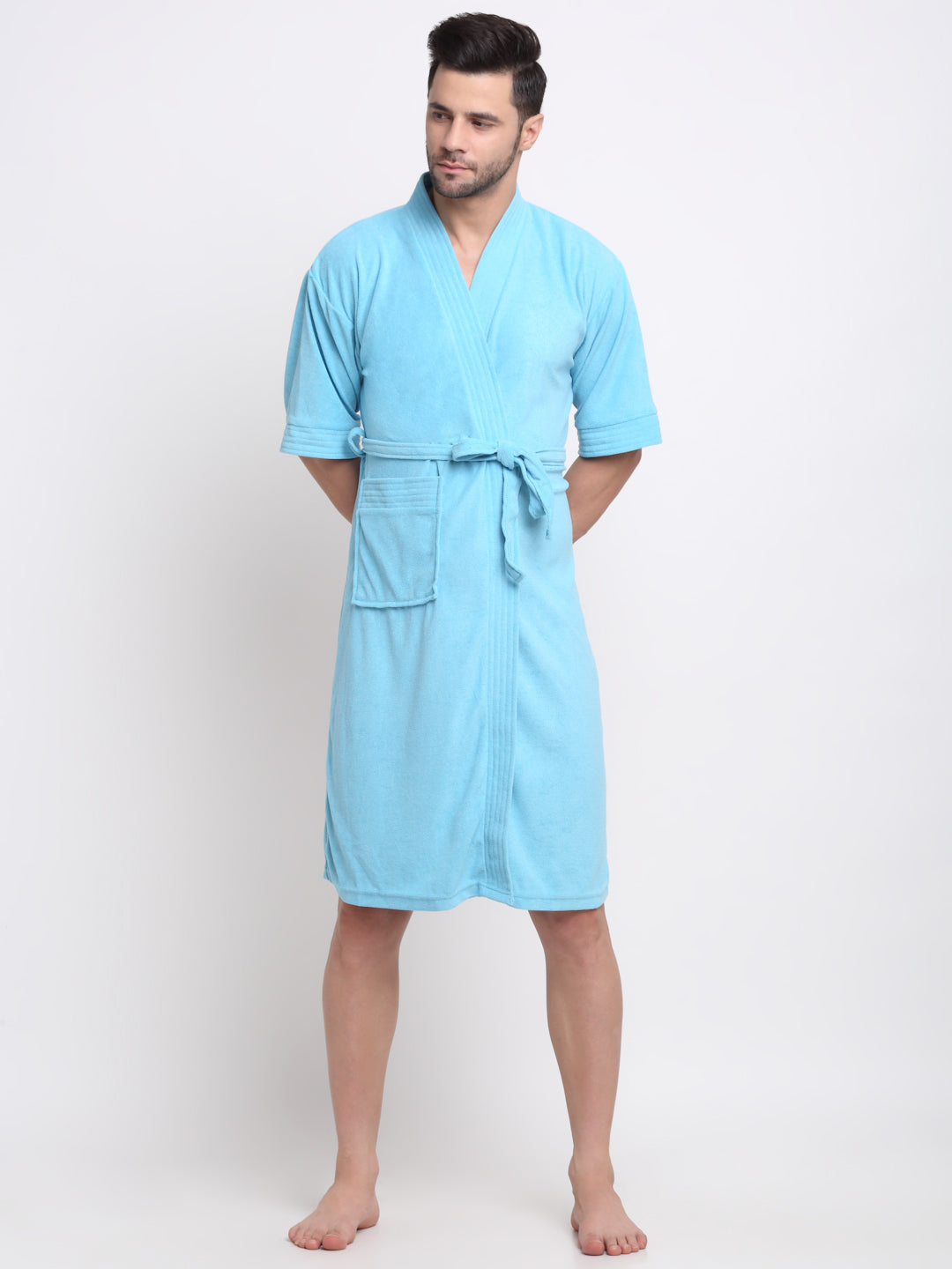 Ocean Blue Relax Fit Bathrobe – 3/4 Sleeves, Kimono Collar, & Pocket