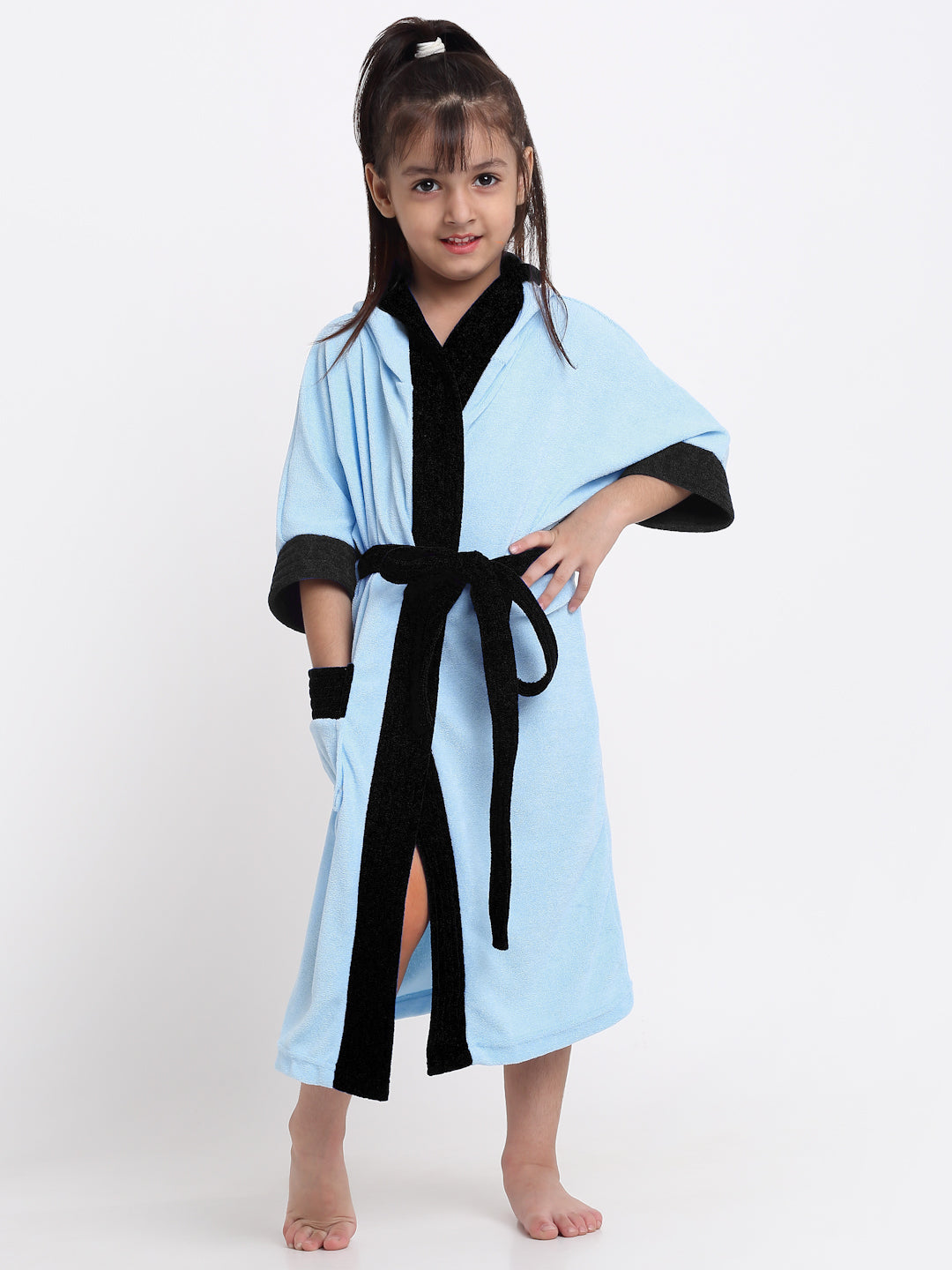 Unisex Kids Bathrobe – Comfy, Belted & Pocketed Ages (Sky Blue & Black)