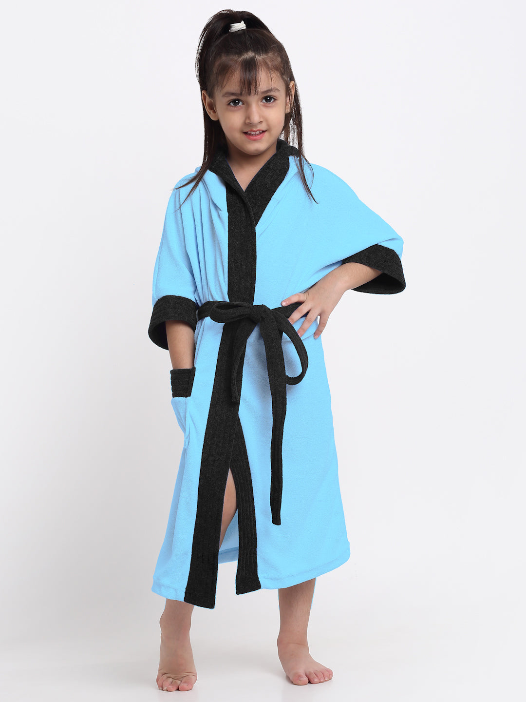Unisex Kids Bathrobe – Comfy, Belted & Pocketed Ages (Ocean Blue & Black)