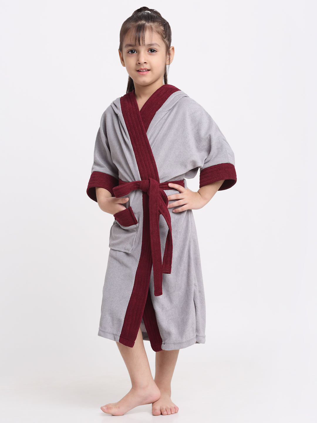 Unisex Kids Bathrobe – Comfy, Belted & Pocketed Ages (Grey & Wine)