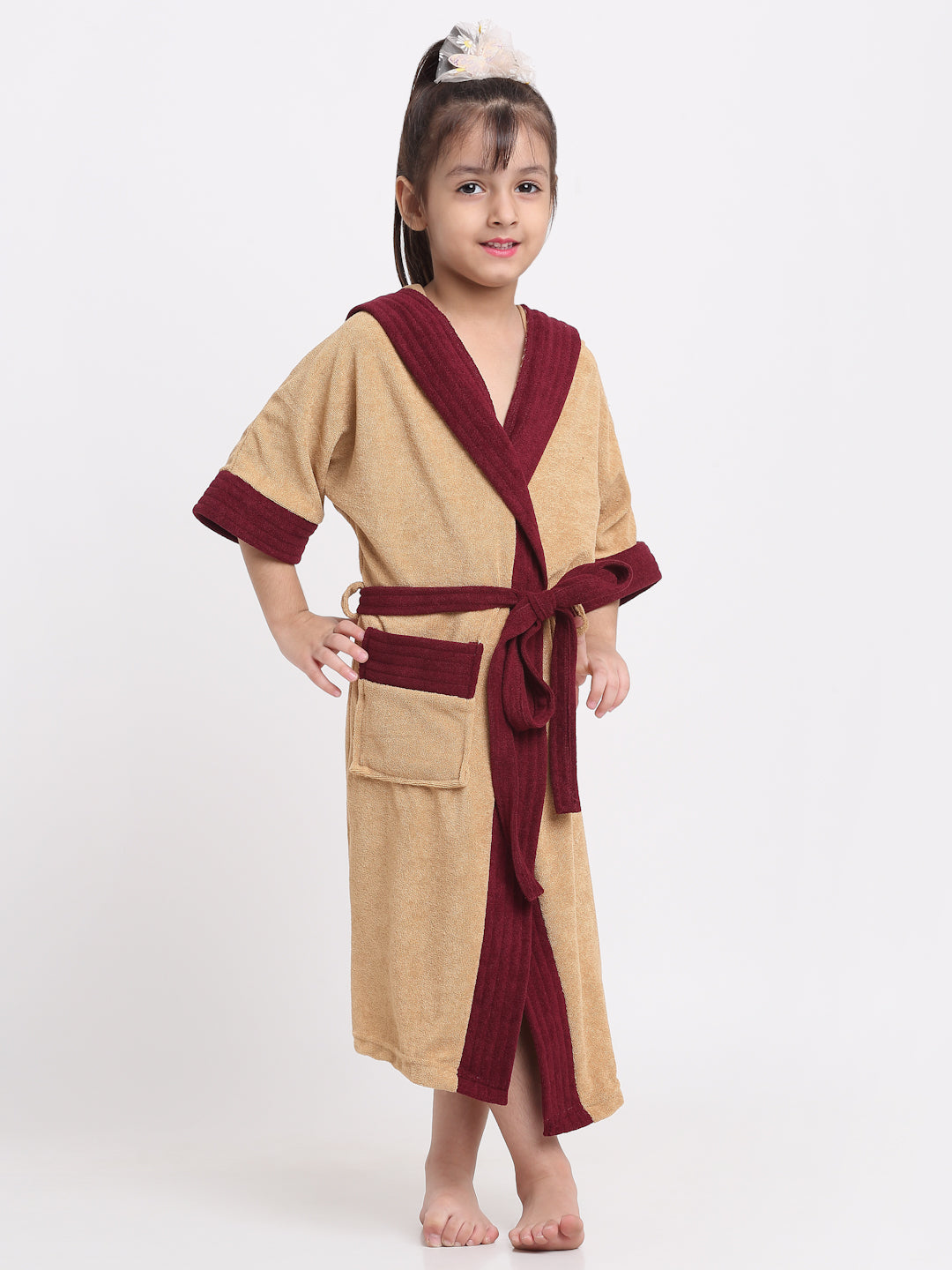 Unisex Kids Bathrobe – Comfy, Belted & Pocketed Ages (Camel & Wine)
