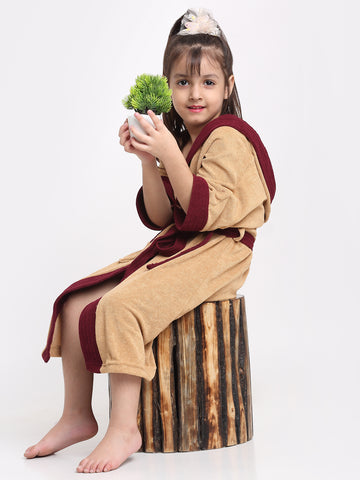 Unisex Kids Bathrobe – Comfy, Belted & Pocketed Ages (Camel & Wine)