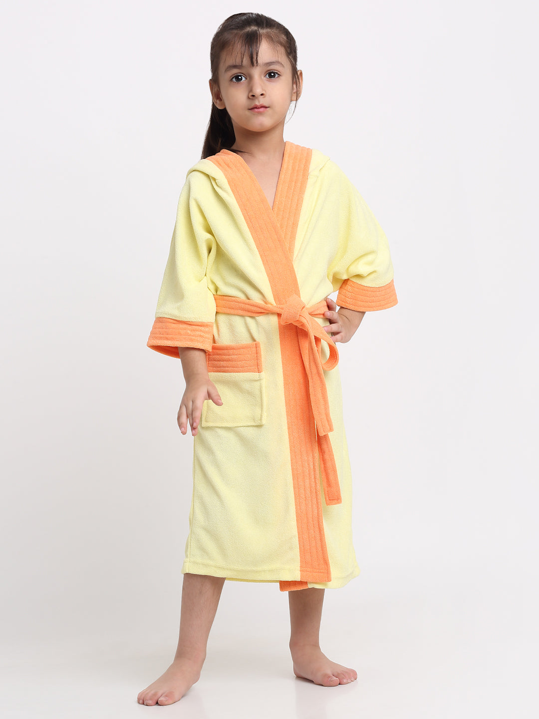 Unisex Kids Bathrobe – Comfy, Belted & Pocketed Ages (Yellow & Orange)
