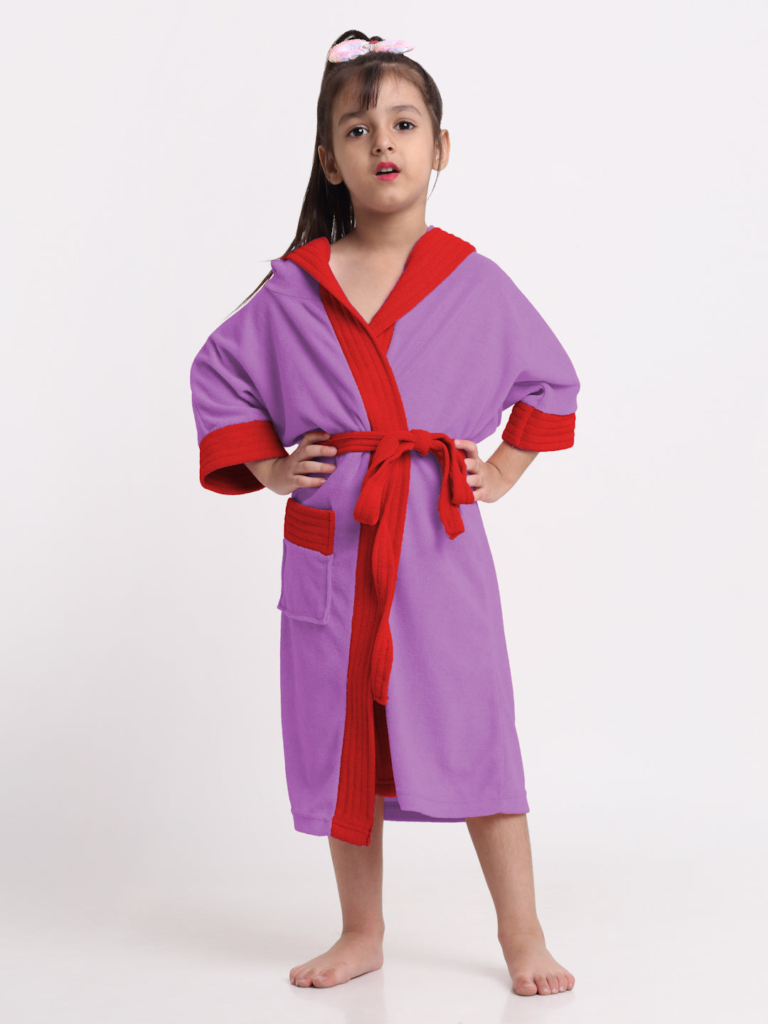 Unisex Kids Bathrobe – Comfy, Belted & Pocketed Ages (Purple & Red)