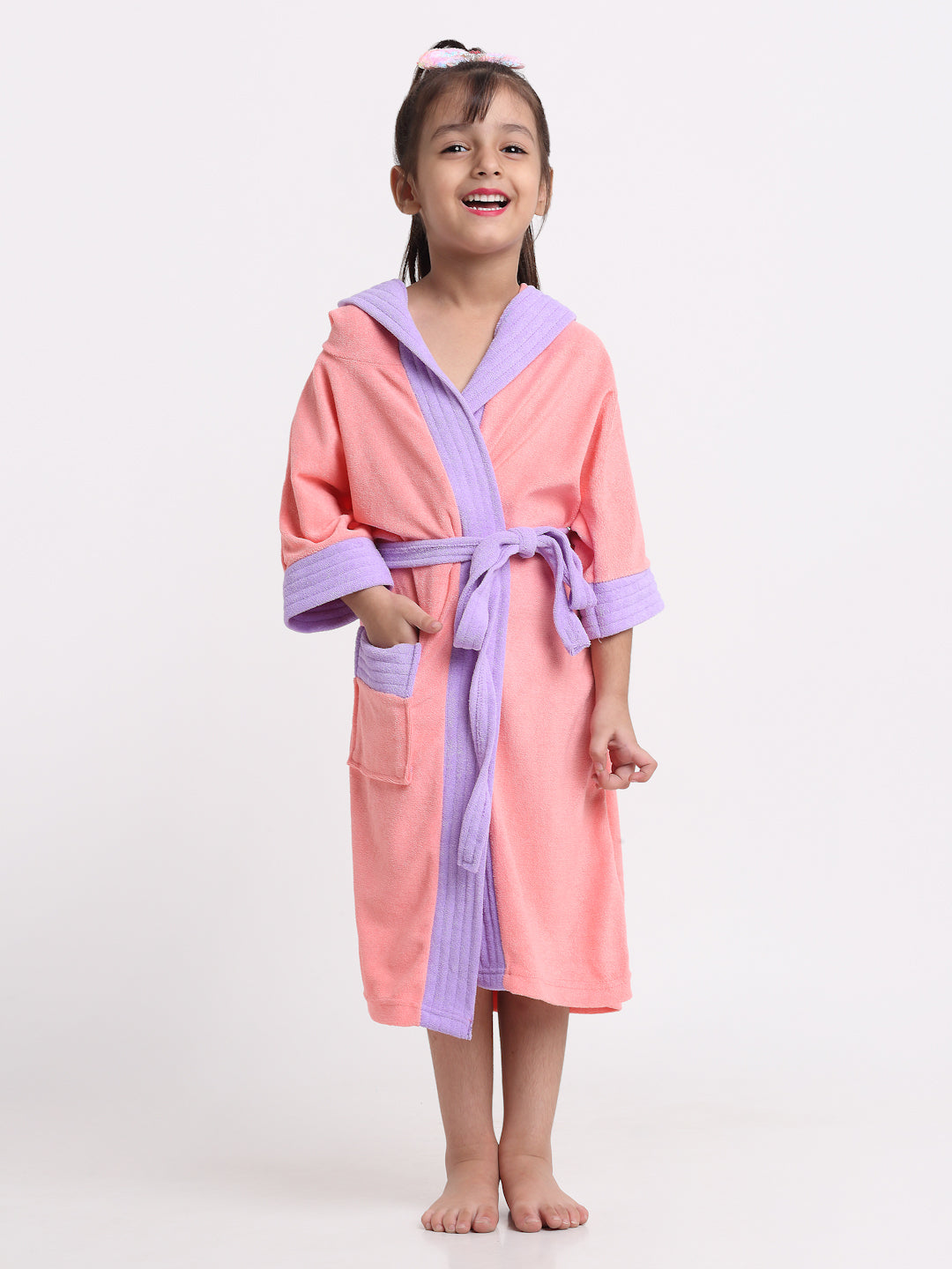 Unisex Kids Bathrobe – Comfy, Belted & Pocketed Ages (Pink & Lilac)