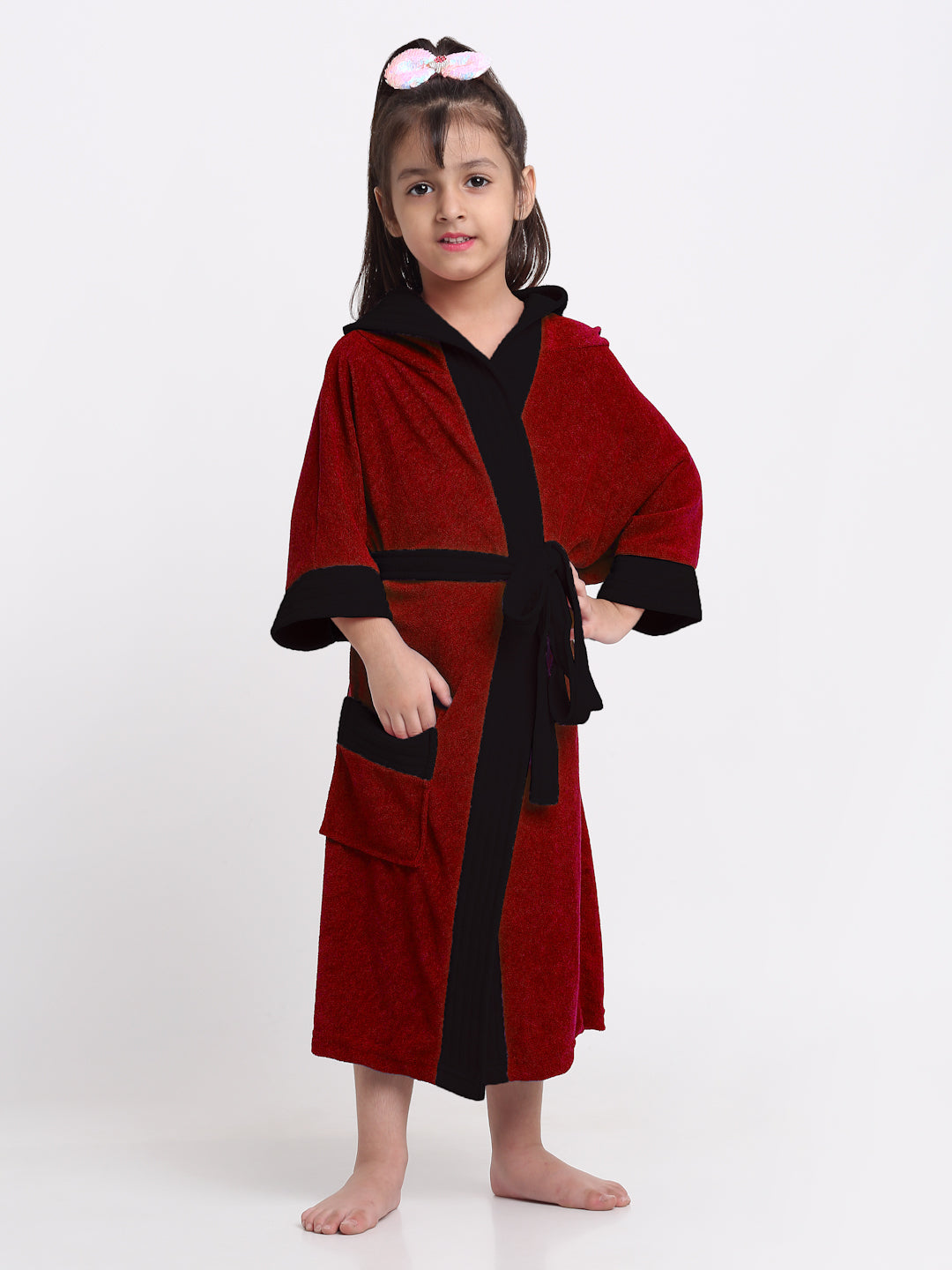 Unisex Kids Bathrobe – Comfy, Belted & Pocketed Ages (Wine & Navy)
