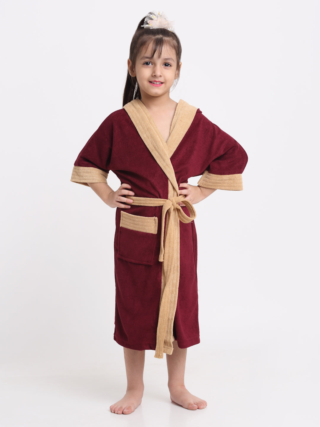 Unisex Kids Bathrobe – Comfy, Belted & Pocketed Ages (Wine & Camel)