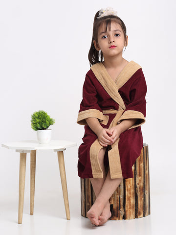 Unisex Kids Bathrobe – Comfy, Belted & Pocketed Ages (Wine & Camel)