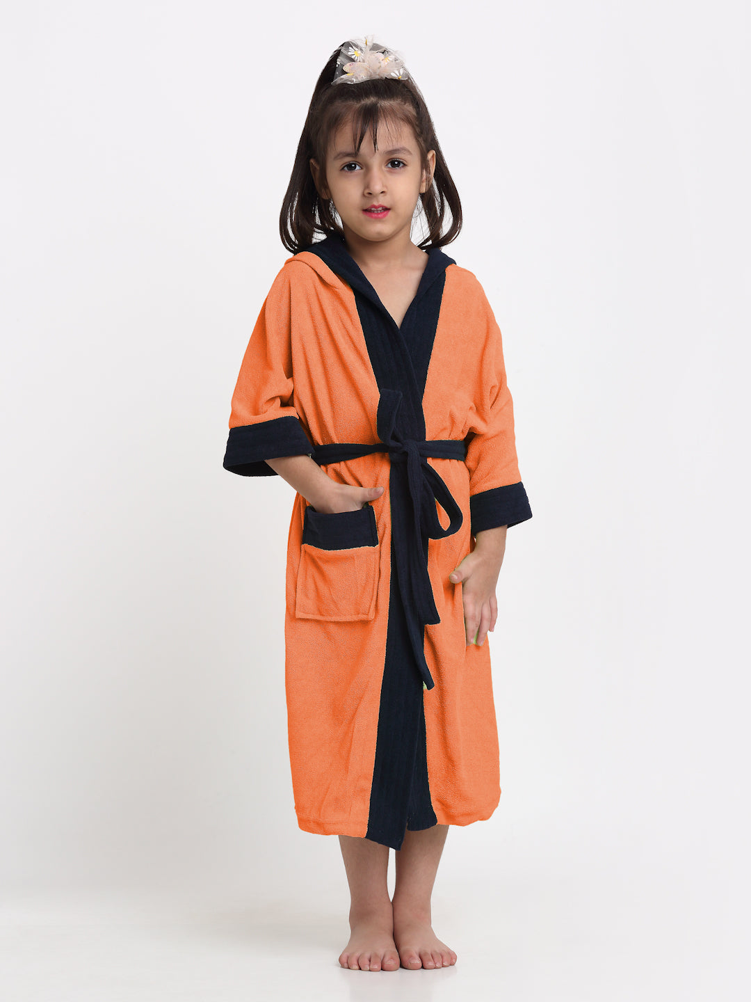 Unisex Kids Bathrobe – Comfy, Belted & Pocketed Ages (Orange & Navy)