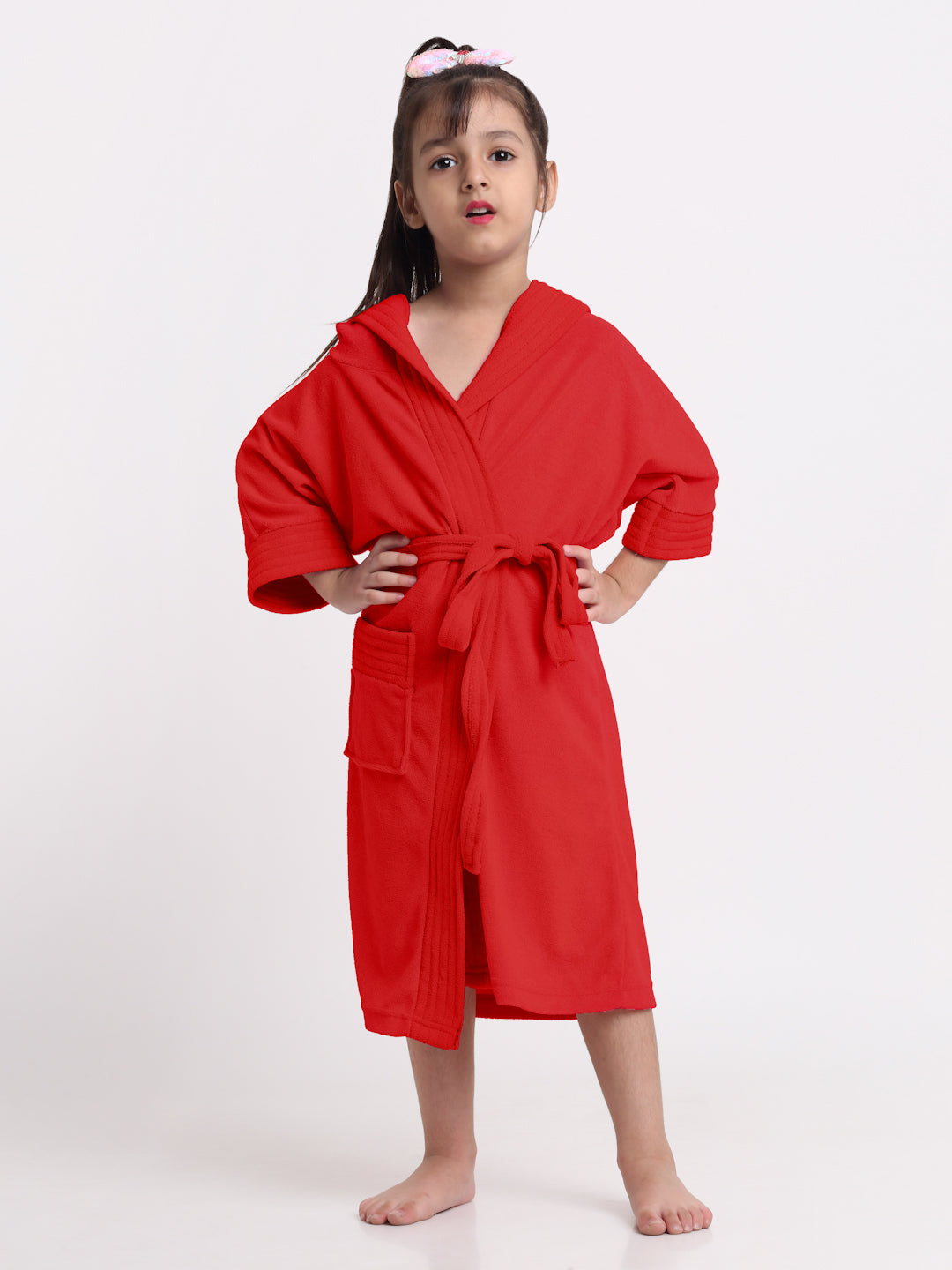 Unisex Kids Bathrobe – Comfy, Belted & Pocketed Ages (Red)