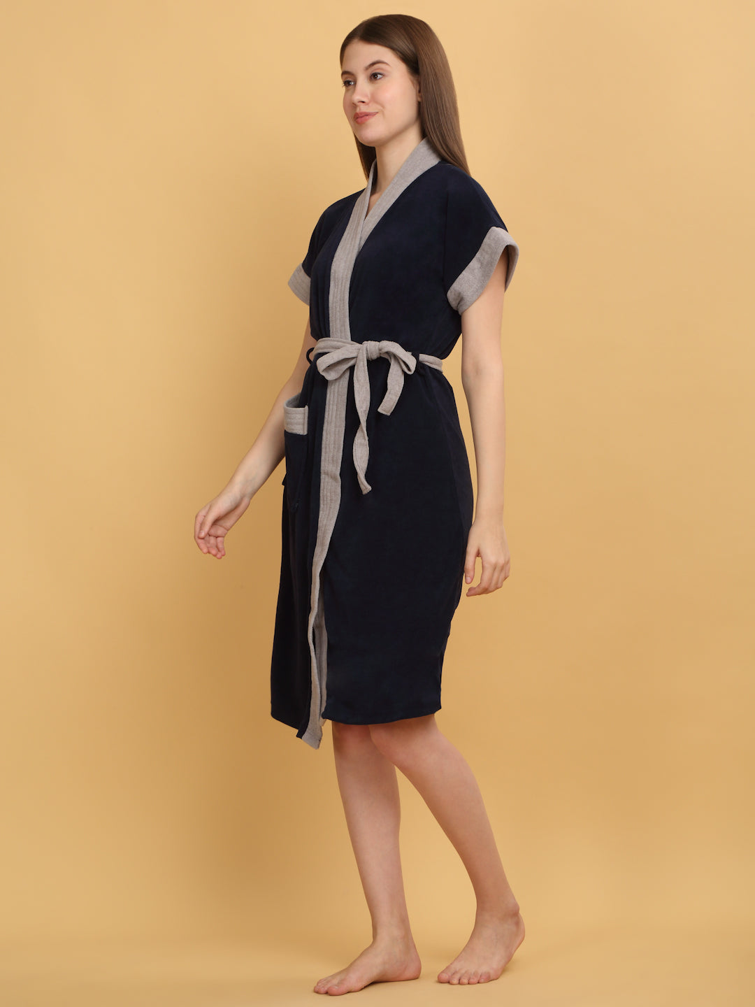 Micro Terry Bathrobe - Navy & Grey | Smart Fit, Super Absorbent