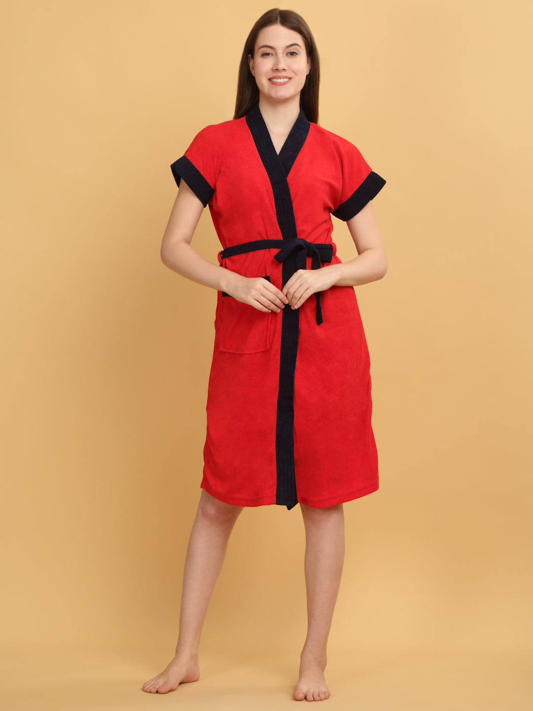 Micro Terry Bathrobe - Red & Navy | Daily Wear, Kimono Style