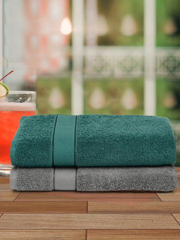 Grey & Dark Green 2 Pc Solid 525 GSM Bath Towel Set
