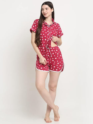 Wonderlady Cotton Nightsuit Set of Shorts & T-Shirt Cherry Love Heart with Pockets Medium Size | Creeva
