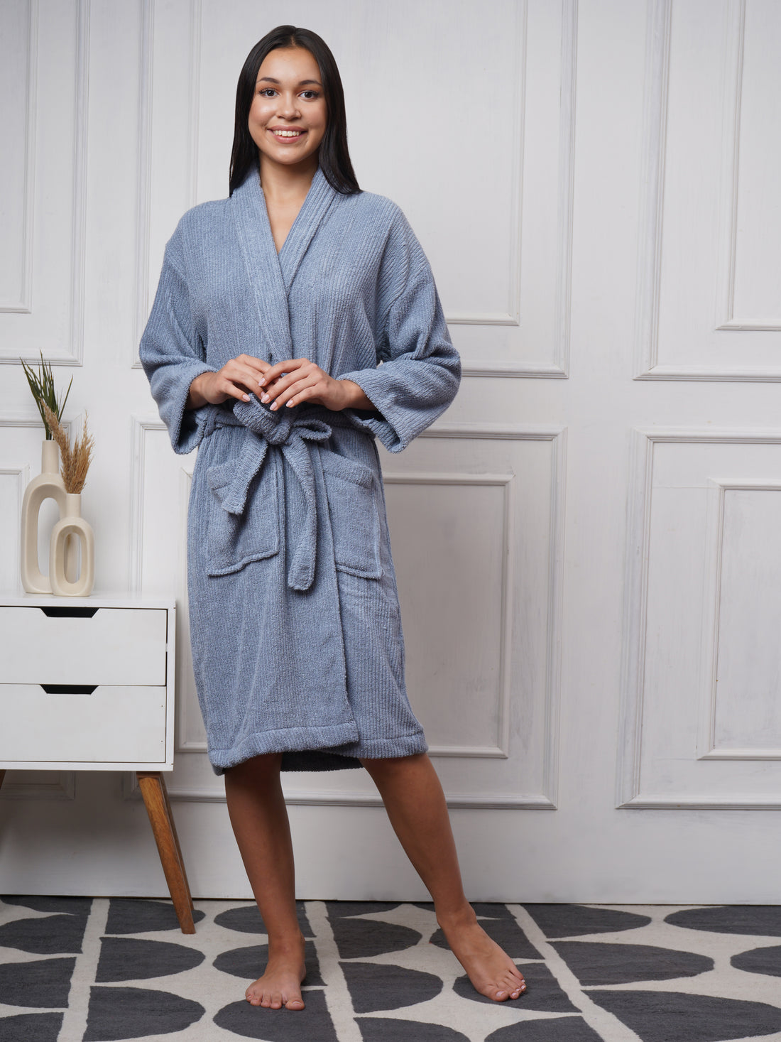 Cotton Bathrobe – Jacquard, Absorbent, Unisex, Slate Blue