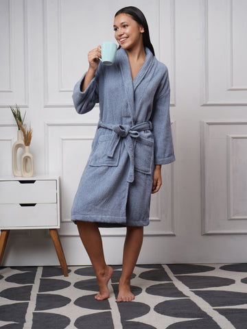 Cotton Bathrobe – Jacquard, Absorbent, Unisex, Slate Blue