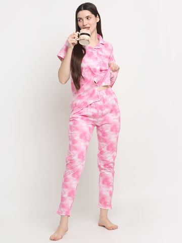 Wonderlady Cotton Nightsuit Set of Shirt & Pyjama Rose-Pink Tie-Die with Pockets | Creeva