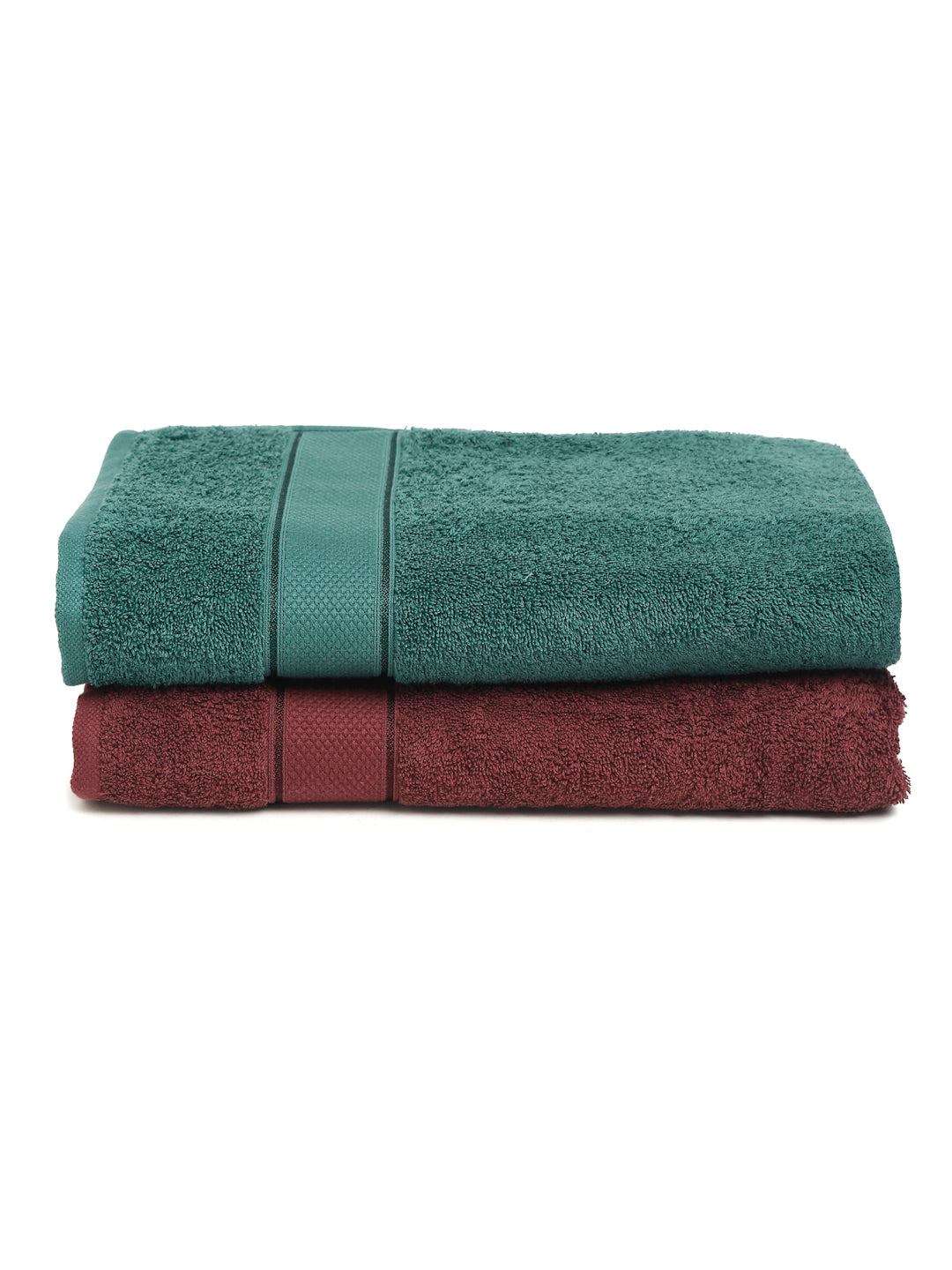 Wine & Dark Green 2 Pc Solid 525 GSM Bath Towel Set