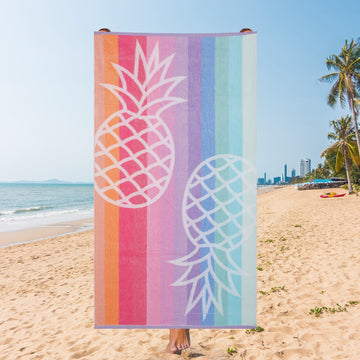 Rainbow Stripe Beach Towel – Pineapple Pop Vibes, 105 x 180 cm