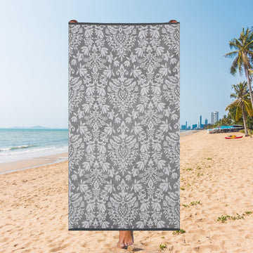 Ornate Damask Beach Towel – Charcoal Grey Luxury, 105 x 180 cm