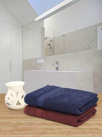 Wine & Navy 2 Pc Solid 525 GSM Bath Towel Set