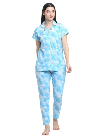 Wonderlady Cotton Nightsuit Set of Shirt & Pyjama Sky Blue Tie-Die with Pockets | Creeva