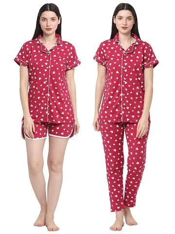 Wonderlady Cotton Nightsuit Set of Pyjama, Shorts & Shirt Cherry Love Heart with Pockets Medium Size | Creeva