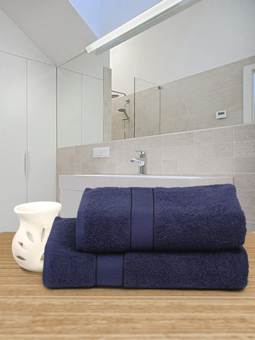 Creeva 100% Cotton 2 Pcs Hand & Bath Towel Set, 525 GSM (Navy)